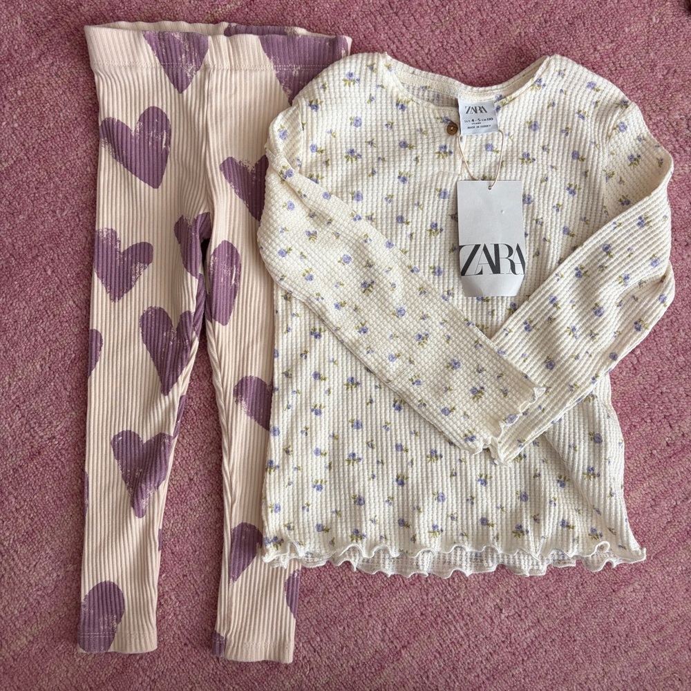 Zara Ribbed Heart Leggings + Waffle Floral Long Sleeve Shirt Bundle